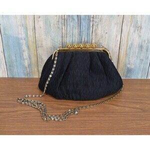 Vintage Carla Marchi Evening Bag Pleated Crossbody Chain Purse Clutch Black Gold